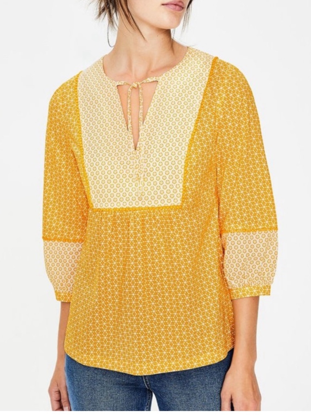 Boden Cora Yellow Printed Split-Neck Peasant Top Size 8 or Medium 100% Cotton